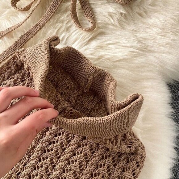 Crochet Outfit Set Two Piece Crop Top/Pants Brown Medium Halter Hollow Beach - Picture 8 of 10